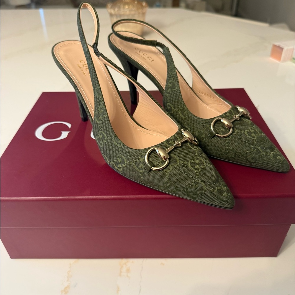 GUCCI SLINGBACK PUMP HORSEBIT GREEN CANVAS 38 - Picture 14 of 15